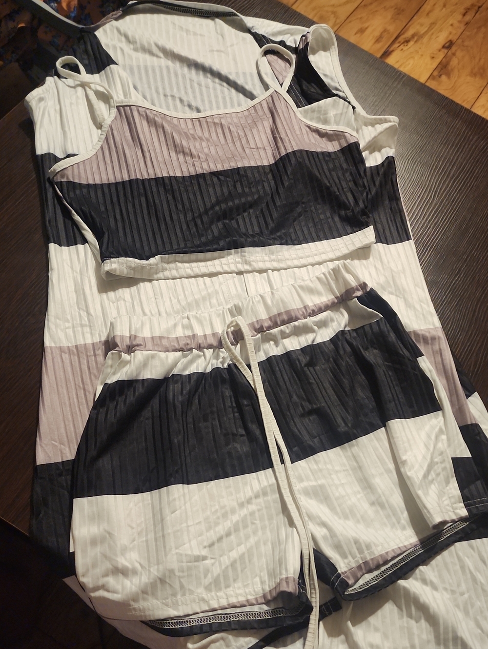 Striped 3-Piece Tank & Shorts Set in Black, White, Taupe